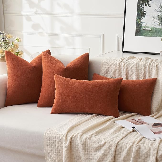 MIULEE Fall Rust Chenille Couch Euro Throw Pillow Covers, 22x22 | Set of 2, Soft Farmhouse Modern Home Decor, Decorative Pillowcases for Sofa Living Room Bed