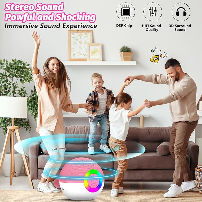 goopow Mini Karaoke Machine Speaker for Kids Adults, Portable Bluetooth Microphone Song Toys with LED Light, Best Chritmas Birthday Festival Gift for 3 4 5 6 7 8+ Year Old Girls Boys (Pink-2MIC)