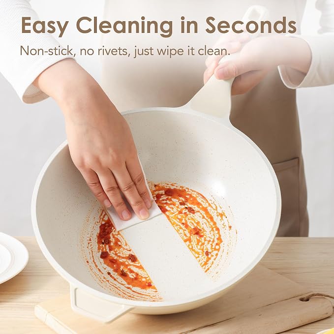 SENSARTE Ceramic Nonstick Wok with Lid, 11 Inch Non Toxic Stir-fry Pan Induction Cookware, Deep Frying Pan Skillet with Stay-Cool Handles, PFAS/PTFE/PFOA Free