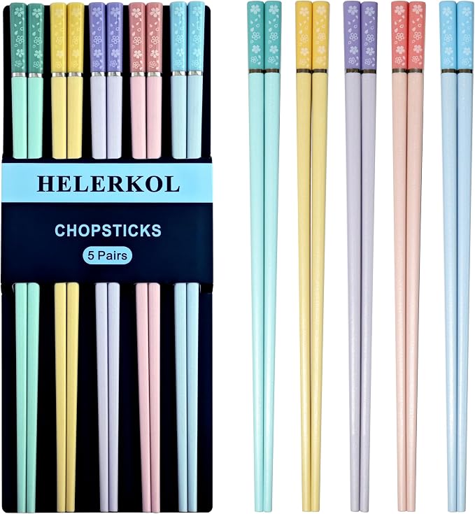 5 Pairs Cherry Blossom Pattern Decoration Fiberglass Chopsticks Multicolor Chopsticks Japanese Korean Chopsticks Reusable Dishwasher Safe Yellow Pink Blue Green Purple Chopsticks