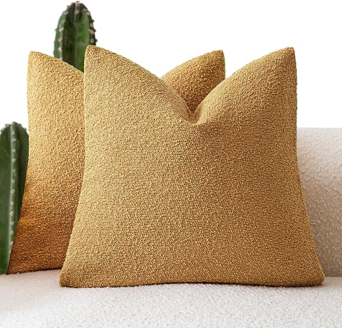 Foindtower Pack of 2 Textured Boucle Throw Pillow Covers Accent Solid Pillow Cases Cozy Soft Decorative Couch Cushion Case for Couch Chair Sofa Bedroom Living Room Home Decor 18x18 Inch Sunflower