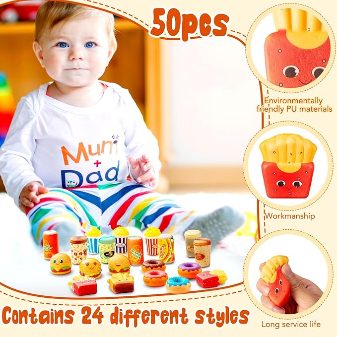 Leyndo 50 Pcs Mini Fast Food Toys Slow Rising Cute Food Bulk Soft Sensory Fidget Party Favors Hamburger Donut Stress Relief Toys for Girls Boys Birthday Party Decoration Gift Class Prize (Novel)
