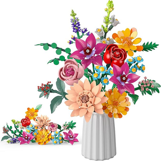 Flowers Bouquet Building Set, 891 PCS Artificial Wildflower Botanical Collection Kit for Women Kids Girls, Home Office Decor Gift for Mother's Day/Valentine's/Christmas