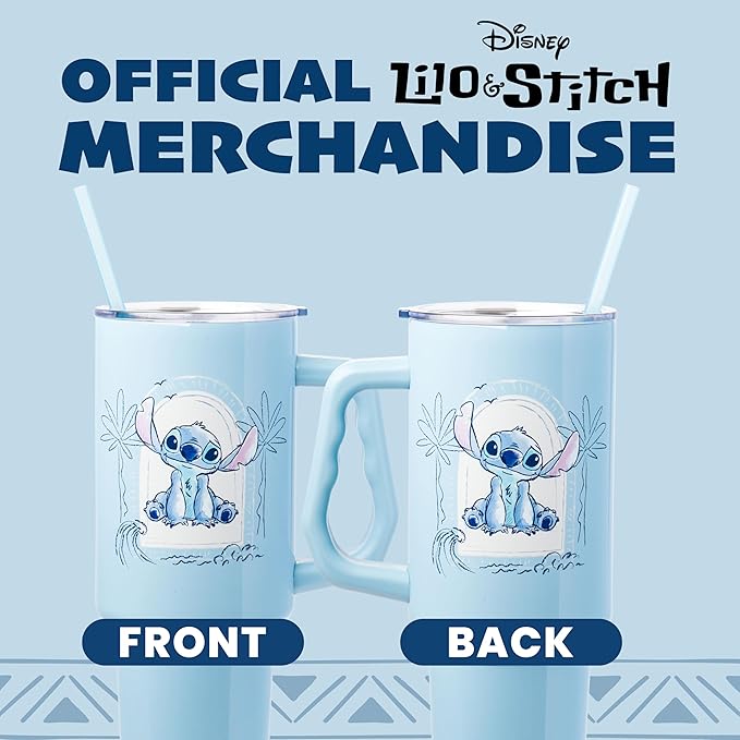 Silver Buffalo Disney Lilo & Stitch Minimalistic Design Ocean & Tropical Stainless Steel Tumbler with Handle and Straw, Fits in Standard Cup Holder, 40 Ounces (Pack of 12)