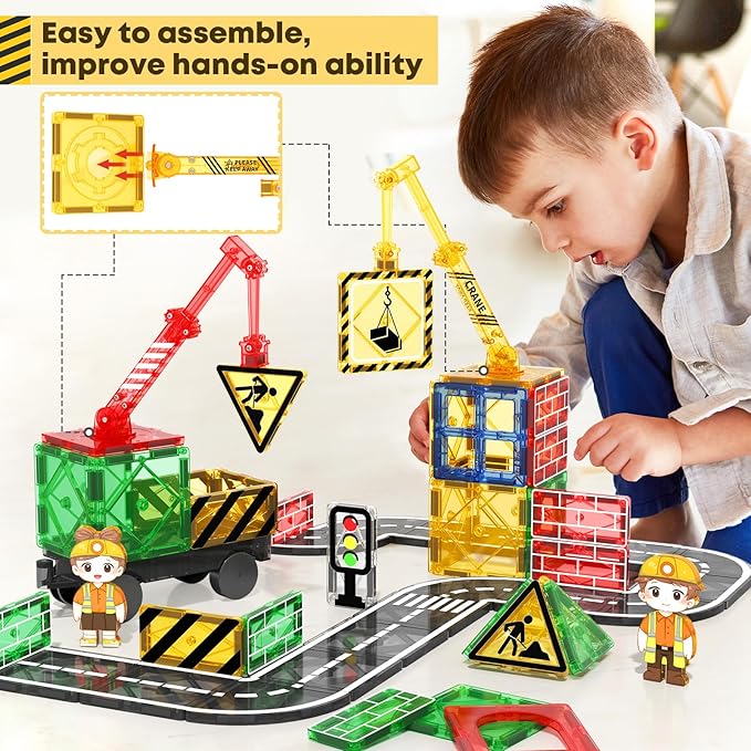 Kids Games Magnetic Tiles with 2 Cranes Construction Set Sensory Toys for Boys Girls Ages 3-6 5-7 8-13, Gifts for 3+ Year Old Boys Girls Toddler Outdoor Kids Toys with Car