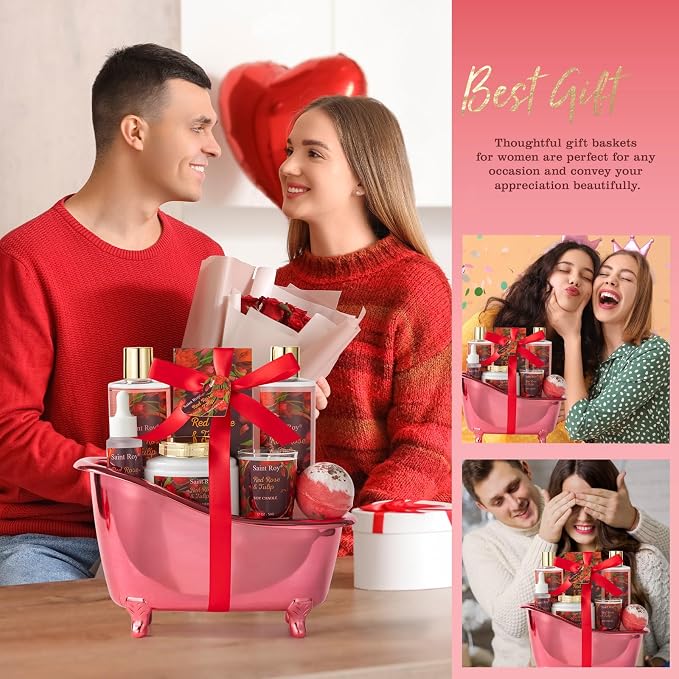 Gifts for Women, Birthday Gift Basket, Rose Bath and Body Gift Basket Set | Spa Gift Basket Gifts, spa kit Gifts for Her Mothers Day Bath & Body Set, Self Care Pamper Kit, Self-care baskets Mother Gift