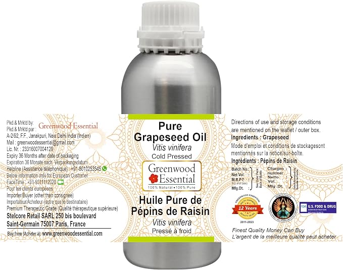 Greenwood Essential Pure Grapeseed Oil (Vitis vinifera) Cold Pressed 300ml (10 oz)