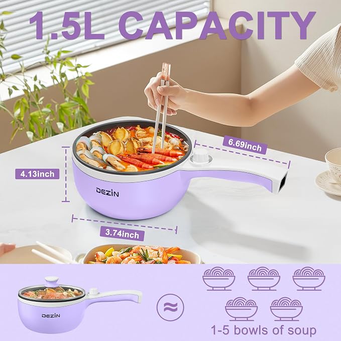 Dezin Hot Pot Electric with Steamer, 1.5L Non-Stick Portable Electric Pot | Dual Power, Upgraded 700W Electric Pot for Cooking Steak, Egg, Ramen Cooker for Dorm, RV, Office, Easy to Clean, Purple Pan