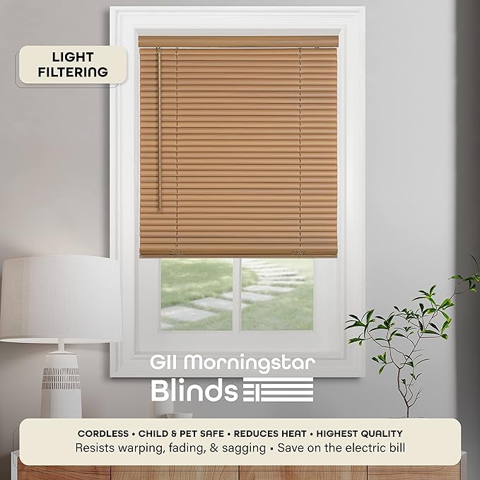Cordless Light Filtering Mini Blind - 36 Inch Width, 72 Inch Length, 1" Slat Size - Woodtone - Cordless GII Morningstar Horizontal Windows Blinds for Interior by Achim Home Decor