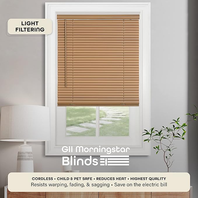 Cordless Light Filtering Mini Blind - 30 Inch Width, 64 Inch Length, 1" Slat Size - Woodtone - Cordless GII Morningstar Horizontal Windows Blinds for Interior by Achim Home Decor