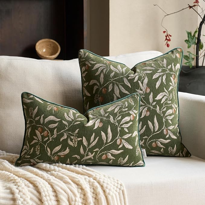 Alerfa Green Floral Throw Pillow Cover 18 x 18 Inch Sqaure Luxury Decorative Pillow Cover for Couch Living Room Bedroom