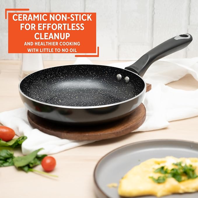 IMUSA 8 Inch Bistro Cera Aluminum Speckled Black Ceramic Fry Pan | Speckled Ceramic Nonstick Coating, Cool-Touch Handle, Ideal for Pan-Frying and Sautéing, Great for Everyday Home Cooking