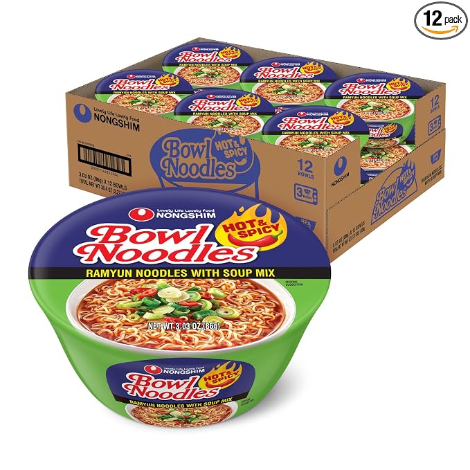 Nongshim Ramen Noodles, Gourmet Instant Ramen bowl, Premium Microwavable Noodle Soup, Hot & Spicy, 3.03 Ounce (Pack of 12)
