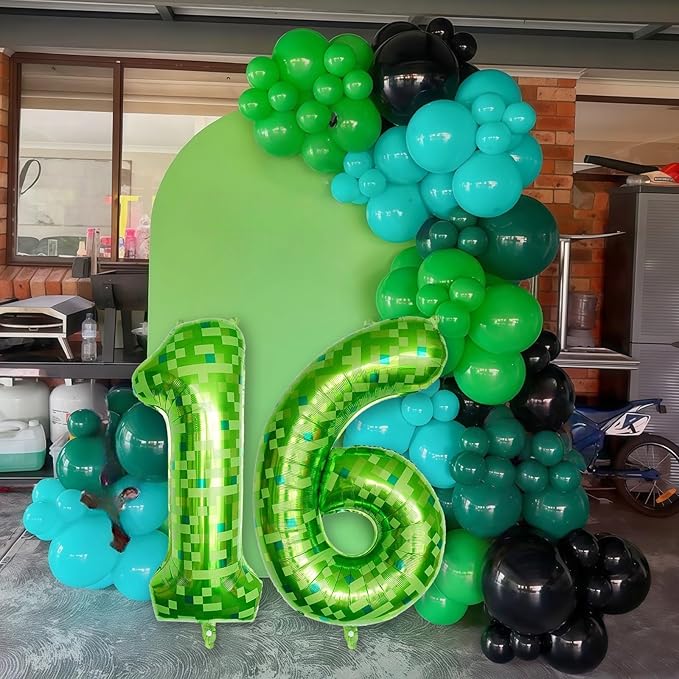 Number 16 Balloons 40 Inch, Gaint Cartoon Lime Green Pixel 16 Balloon Number for Boys 16th Birthday Decorations, Dark Kelly Green Foil 16 Balloon for 16 Year Old Birthday Video Game Golf Party Decor