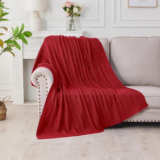 Douceur Christmas Red Throw Blanket for Bed, Soft Cozy Lightweight Stripe Pattern Knitted Throw Blanket for Sofa, Living Room Gift, 50"X60"