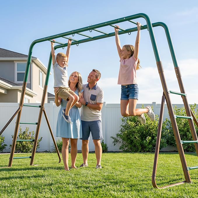 Hapfan Swing Sets for Backyard with Monkey Bars, Trapeze Bar & 2 Belt Swings, Heavy Duty Metal Playground Sets for Kids, Outdoor Jungle Gym Playset (Green & Brown)
