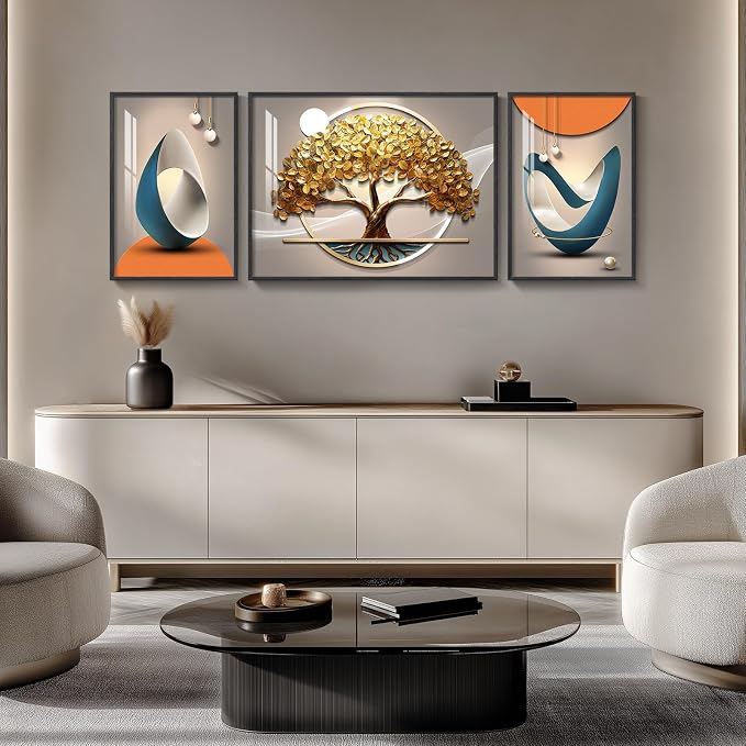 Large Framed Modern Luxury Large Wall Art for Living Room, Set of 3 Bright Style Abstract Paintings Artwork for Walls, Contemporary Big Art Prints Pictures for Hallway Bedroom Dining Room Office Wall Decor