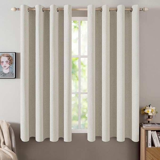 MIULEE Linen Texture Curtains for Bedroom Light Cream 100% Blackout Thermal Insulated Linen Curtains Grommet Room Darkening Drapes for Living Room 52x54 Inch (2 Panels)