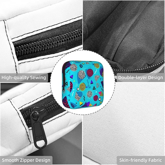 Women's Reusable Sanitary Storage Bag Geometric Checkered Zebra Tiger Leopard Print Mint Green Retro 80S 90S, Cute Polyester Pad Pouch with Zipper, Holds Cosmetic Keys Panty Liners