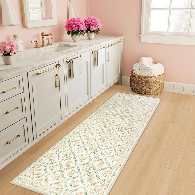 Runner Rug for Entryway: 2x5 Kitchen Rugs Non Slip Washable Ultra-Thin Soft Floral Carpet Indoor Floor Stain Resistant Carpets for Hallway Bedroom Kitchen Laundry Bathroom Dorm Beige/Multi