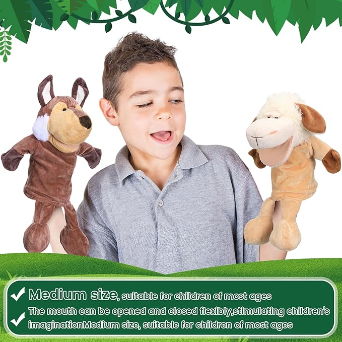 Wettarn 10 Pcs Animal Hand Puppets 12 Inch Soft Plush Plush Puppets Lion Orangutan Giraffe Tiger Pig Elephant Hand Puppets for Boys and Girls Storytelling, Teaching, Role Playing(Funny Style)