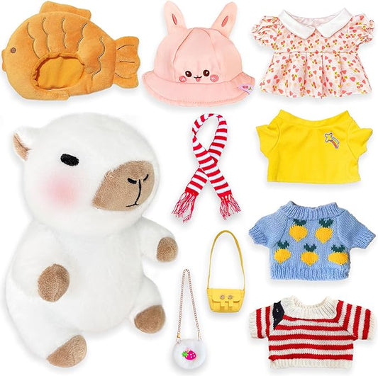 Capybara Plush with 9 pcs Clothes & Accessories, 10.2 in Cute Capybara Stuffed Animal Plush Toys, Dress Up Cute Plushies for Girls/Boys (White)
