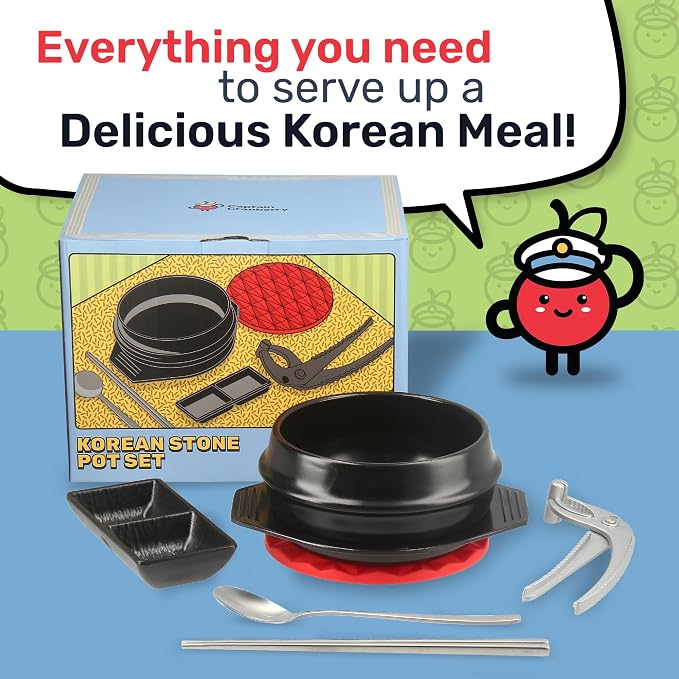 Korean Stone Pot Set, Dolsot Ttukbaegi Cookware, 38.7oz | 7 Piece Set, 38.7oz, Hot Pot Grip, For Bibimbap Soup Jjigae and Ramen, Ceramic Earthenware, Korean Soup Bowl