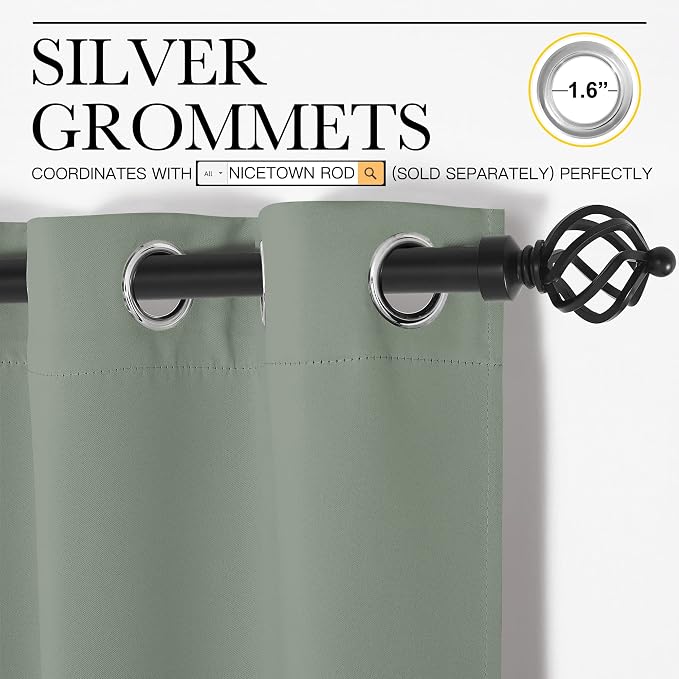 NICETOWN Window Curtain Panels, Thermal Insulated Solid Grommet Blackout Draperies/Drapes for Basement (Sage Green, 1 Pair, 34 by 84-inch)