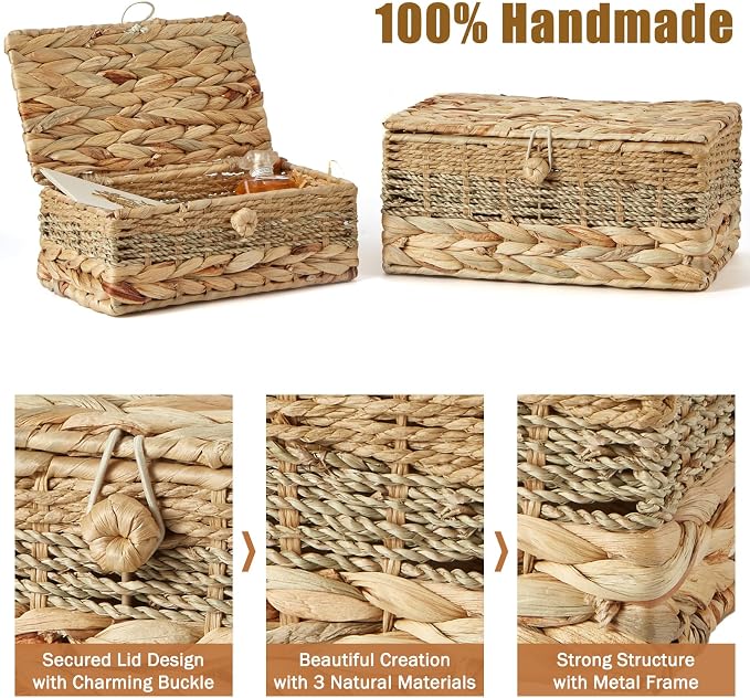 2PCS Wicker Storage Baskets with Lids Decorative Rattan Boxes | Handmade Natural Boho Woven Bins, Water Hyacinth Seagrass Paper Rope, Memory Keepsake Photo Makeup Container, Shelf Organizer