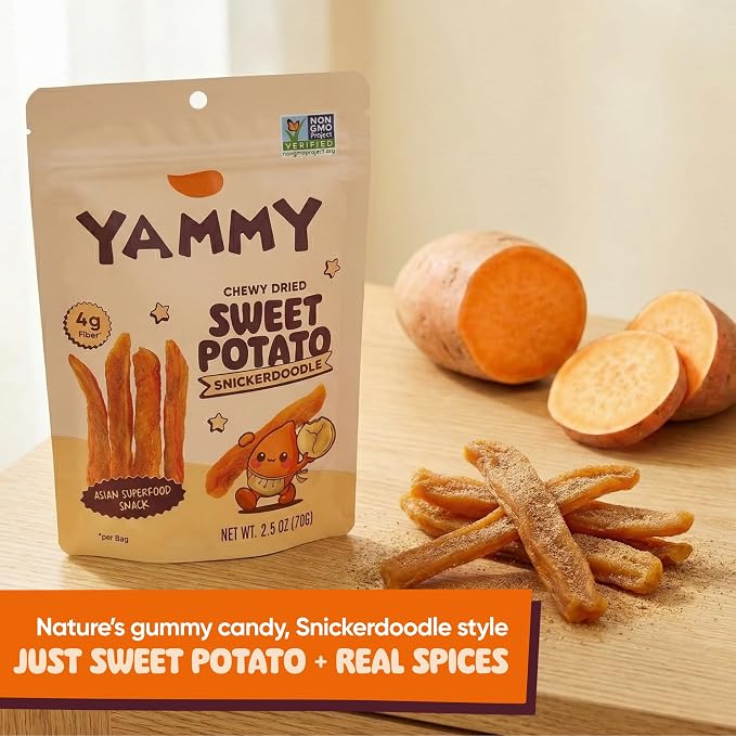 Yammy Chewy Dried Sweet Potato Sticks (Snickerdoodle 5-Pack) - Healthy Asian Snack for Adults & Kids (Japanese, Korean, Chinese Super Food) - Nature's Gummy Candy - Vegan, Gluten-Free, 4g Fiber, 2.5oz