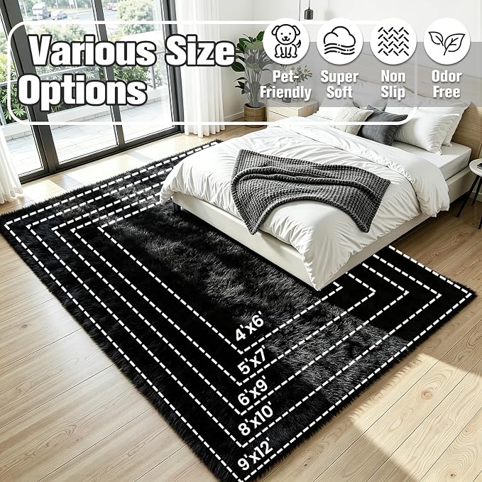 4x6 Area Rug for Living Room, Ultra Soft Fluffy Black Rugs for Bedroom, Non Slip Large Shag Carpet, Fuzzy Plush Nursery Rug, Thick Washable Indoor Floor Carpets for Kids Office Dorm Home Decor