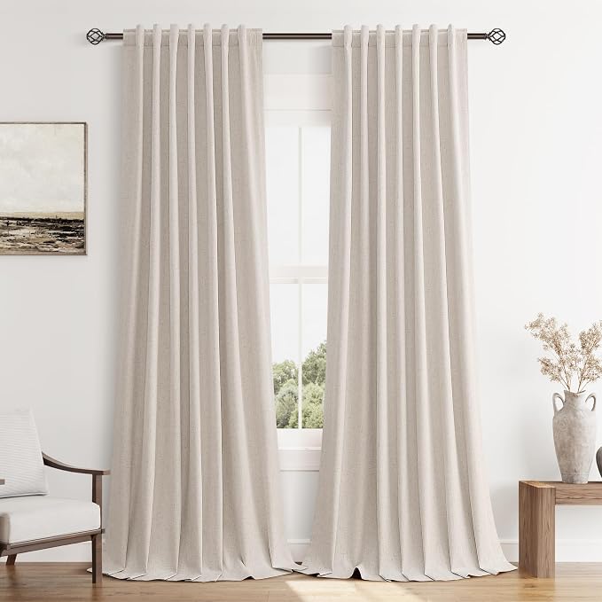 Guken 100% Blackout Curtains 96 Inch Length 2 Panels Set for Living Room Bedroom Back Tab Thermal Insulated Black Out Linen Drapes Room Darkening Window Curtains 96 Inches Long,Sand Beige