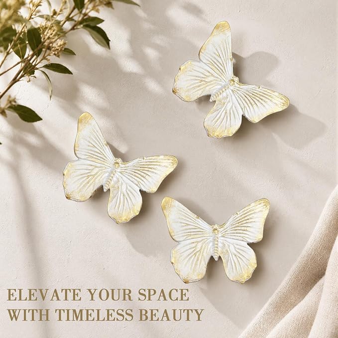 GUSFREUD 3D Butterfly Wall Decor Set – Resin Wall Decor for Living Room, Bedroom, Bathroom, Dining Room, Outdoor and Gallery Walls - Ivory Gold - Set of 3