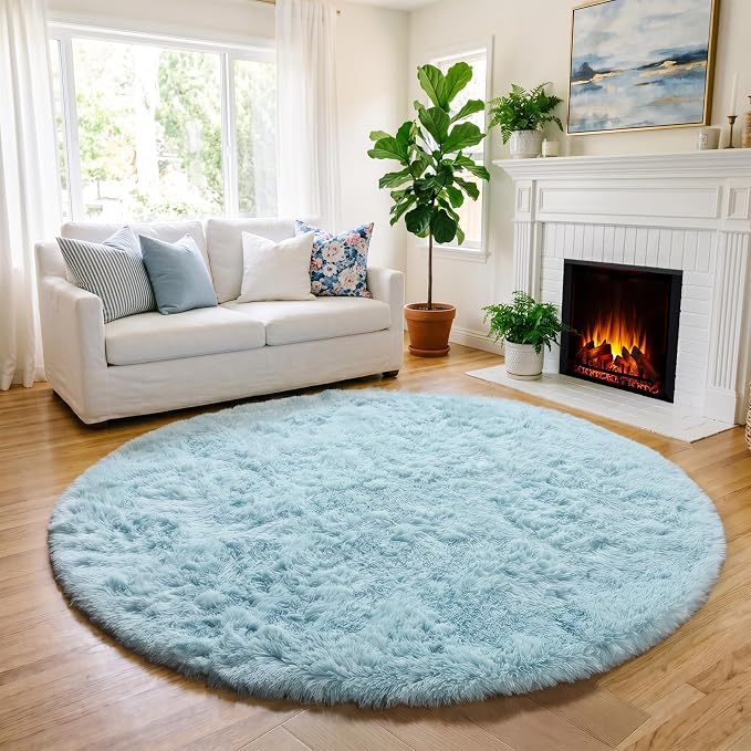Amdrebio Light Blue Circle Round Rug 5Ft for Bedroom Decor, Soft Shaggy Fluffy Area Rugs for Kids Room Baby Boys Nursery Preppy Dorm Playroom, Cute Plush Fuzzy Sky Blue Carpet for Apartment Classroom