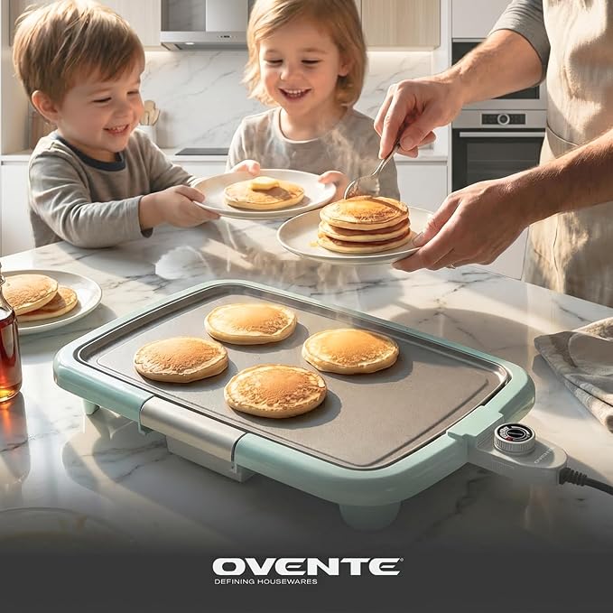 OVENTE Electric Griddle with 16 x 10 Inch Non-Stick Plate, Blue GD1610LBL | Removable and Adjustable Temperature Control, Indoor Grill perfect for Instant Breakfast, Pancakes, Eggs or Burgers