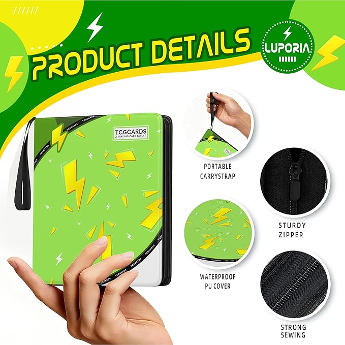 Trading Card Binder 4 Pocket,400 Pocket Card Collection Binder with 50 Removable Sleeves,PU Waterproof Top Card Book,3-Ring Zipper Collectible Trading Card Album for MTG/TCG/Card Holder Gift（Green）