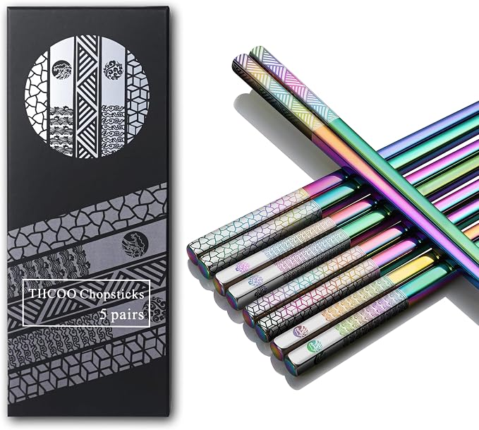 Metal Chopsticks Reusable 18/8 Stainless Steel Chopsticks Laser Engraved Premium Titanium Chop Sticks Dishwasher Safe Lightweight Japanese Korean Chopsticks 5 Pairs Gift Set (Rainbow)