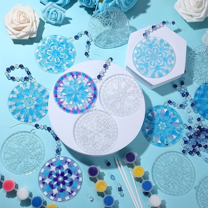 30 Sets Winter Snowflake Suncatchers Window Art Kits, DIY Sun Catchers Bulk Crafts Paint Your Own Window Ornaments for Boys Girls Classroom Party Birthday Activity Home Decor