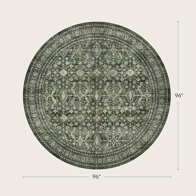 8ft Area Rugs for Living Room Bedroom, Green Washable Non-Slip Carpet | Soft Boho Area Rug for Dining Room Home Office Indoor Nursery, Stain Resistant, Low Pile, Foldable Vintage Distressed Rug