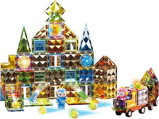 Deluxe Quality Magnetic Tiles Building Set with Attractive Reflective Pattern, LED Lights, Marble Run, and Cars - STEM Educational Toy for Creative Kids Girls Boys 3+ (110 pcs Castle)