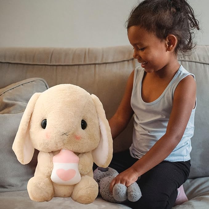 HOUPU Soft Toy - Sitting Lop Eared Rabbit, Easter White Rabbit Stuffed Bunny Animal with Carrot Soft Lovely Realistic Long-Eared Standing Pink Plush Toys (Brown-Milk Bottle,29.5in/75cm)