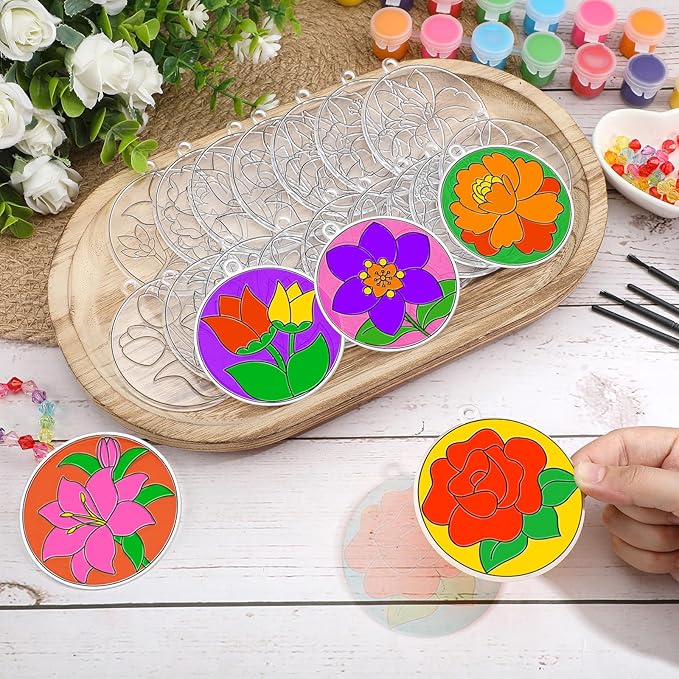 30 Sets Spring Flower Suncatchers Window Art Kits, Mother's Day Floral DIY Sun Catchers Crafts Paint Your Own Window Ornaments for Boys Girls Classroom Home Party Birthday Activity Decor