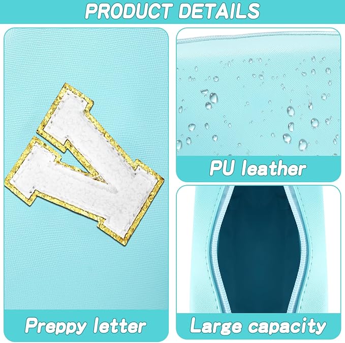 URSKYTOUS Gifts for Girls Initial Makeup Bag Personalized Cosmetic Bag with Zipper Cute Travel Toiletry Bag Waterproof PU Preppy Makeup Pouch Birthday Gift for Teen Girls Women(Blue V)