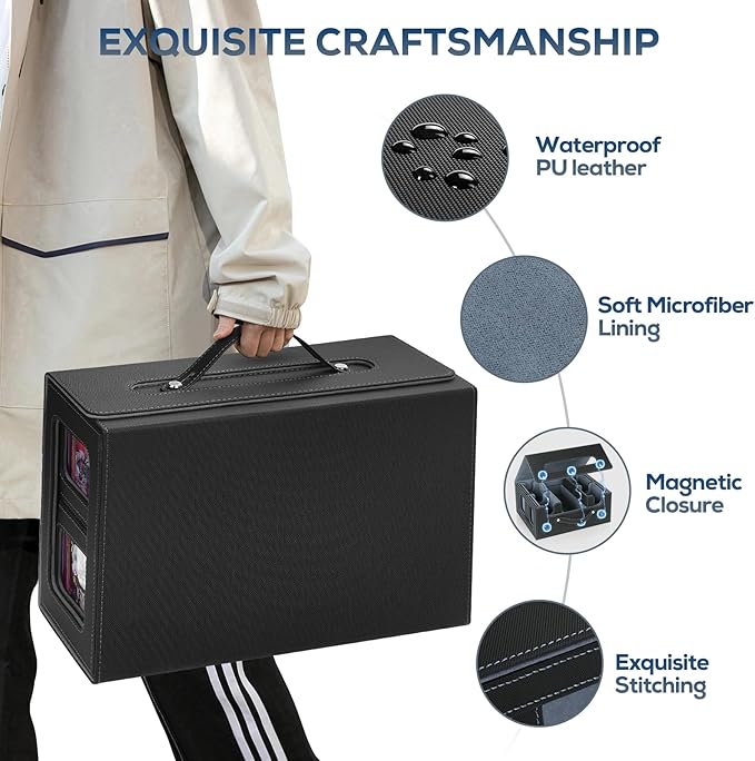 Trading Card Storage Box for MTG, MTG commander deck box，Multi-purpose Deck Case for MTG TCG Sports Card, 4 Toploaders, 4 Stoppers, 4 Colorful Dividers (Black & Grey)