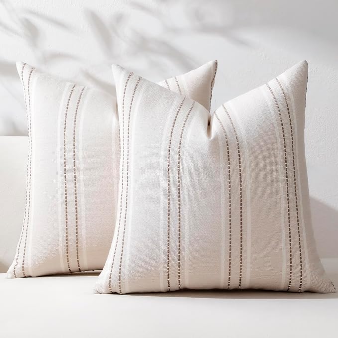 Hckot Striped Throw Pillow Covers 22x22 Set of 2 Taupe Pillow Covers | Farmhouse Decorative Pillows Textured Linen Square Cushion Covers for Sofa Couch Bed Living Room Decor(Taupe)