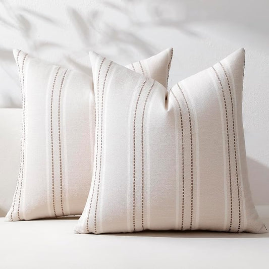 Hckot Striped Throw Pillow Covers 18x18 Set of 2 Taupe Pillow Covers | Farmhouse Decorative Pillows Textured Linen Square Cushion Covers for Sofa Couch Bed Living Room Decor(Taupe)