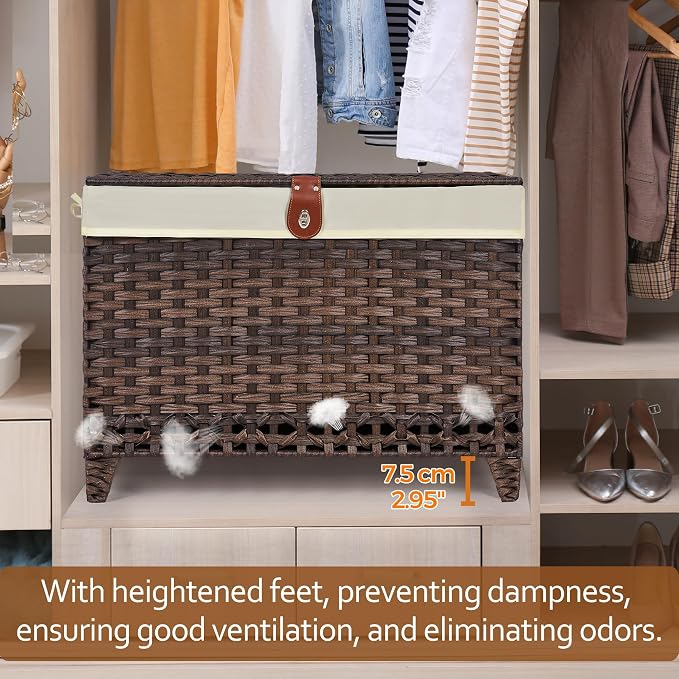 Wicker Storage Basket with Lid, 200L Storage Bin with Removable Liner Bag | Rattan-Inspired Shelf Basket Design, Storage Trunk with Heightened Feet, Wardrobe Storage Container & Home Organizer