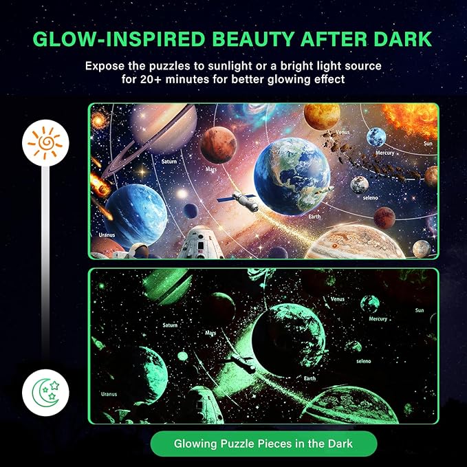 1000-Piece Space Explorer Puzzle: Glow-in-The-Dark Astronaut Adventure, Solar System Jigsaw Puzzle, Challenging Colorful Cosmic Puzzles for Adults, Outer Galaxy, Finished Size 26.6x19.2
