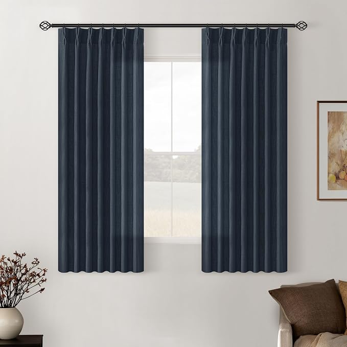 Navy Pinch Pleated Linen Semi Sheer Short Curtains 45 Inch Length 2 Panels | for Kitchen Small Bay Window Basement, Pinch Pleated with Hooks Rings Back Tab, Memory Shape, Thick Linen Semi Sheer, W40xL45