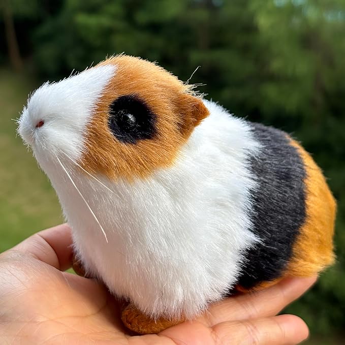Realistic Guinea Pig Figurine – Lifelike Tri-Color Hamster Stuffed Animal, Faux Fur Pet Replica for Shelf, Desk & Home Decor, Collectible Gift for Rodent Lovers